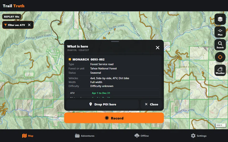 Map of Tahoe National Forest with the trail filter set to ATV and a card for Forest Service road Monarch 0093-002: seasonal, open to 4x4, side-by-side, ATV and dirt bike, full width, ATV open April 1 to December 31.