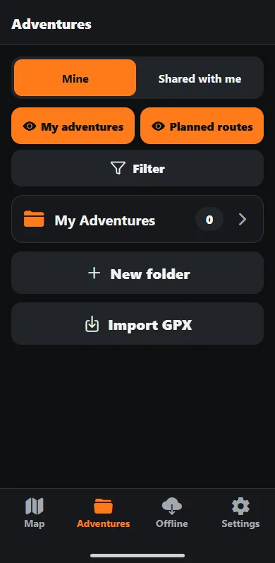 The Adventures screen in Trail Truth with the Import GPX button.