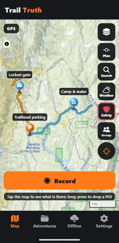Two imported tracks drawn in their own colours on the Trail Truth topo map with their three waypoints: Locked gate, Camp and water, Trailhead parking.