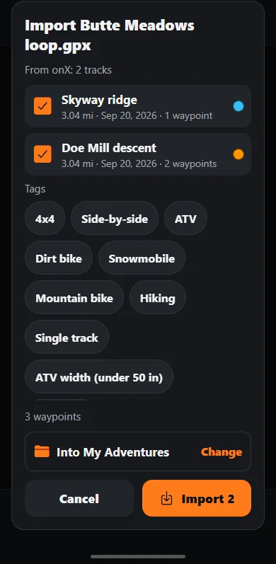 The import review in Trail Truth listing the tracks in the file with their lengths, the waypoint count, the tags and the folder they will go into, with an Import button.