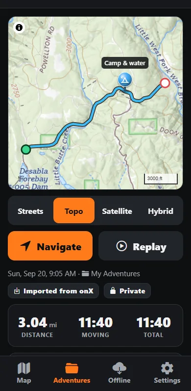 The ride page in Trail Truth for an imported track, showing its name, that it was imported from onX, its length, its waypoints and its folder.