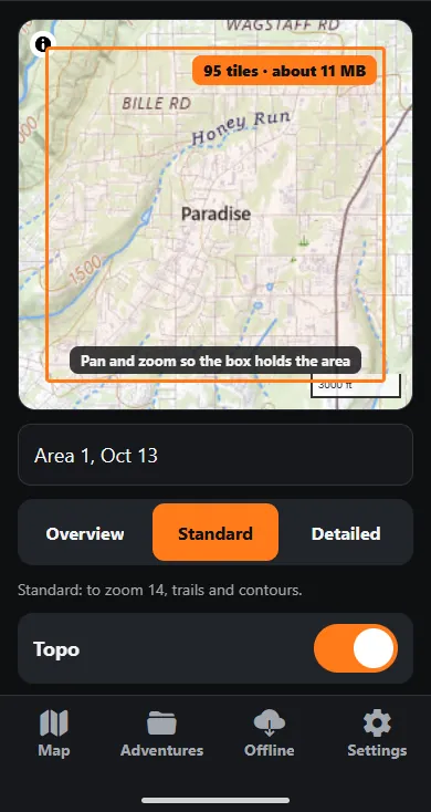 New offline area screen: an orange box framing Paradise on a topo map with a pill reading 95 tiles, about 11 MB, and Overview, Standard and Detailed quality choices below.