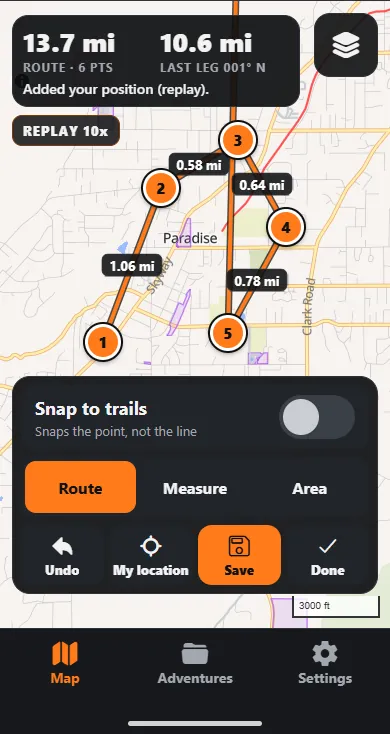 Plan mode near Paradise: five numbered points joined by legs labelled with their lengths, a total of 13.7 miles at the top, and Route, Measure and Area tabs below.