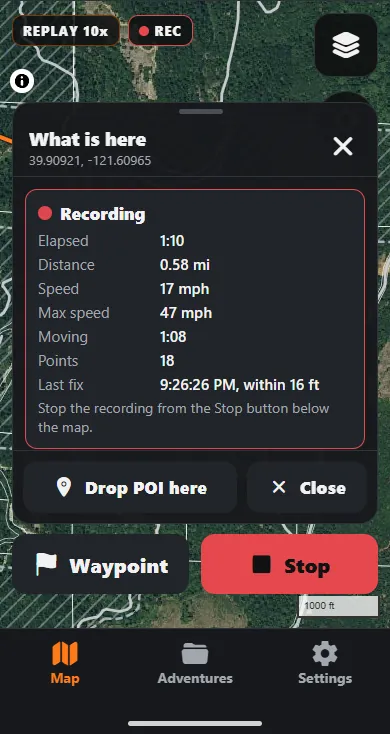 Satellite map during a recording, with a Recording card showing elapsed time 1:10, distance 0.58 miles, speed 17 mph, max 47 mph, 18 points and the last GPS fix within 16 feet, and Waypoint and Stop buttons below.