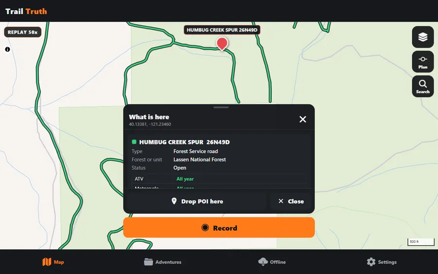 Search result picked on the map: a red pin on Humbug Creek Spur 26N49D in Lassen National Forest with its card showing Forest Service road, status Open, ATV all year.
