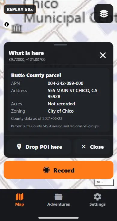 A What is here card for a Butte County parcel in Chico showing the APN, address, acres, zoning City of Chico and County data as of 2021-06-22.