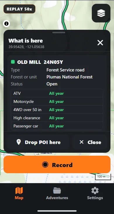 A What is here card for Forest Service road Old Mill 24N05Y in Plumas National Forest, status Open, open all year for ATV, motorcycle, 4WD over 50 inches, high clearance and passenger car.